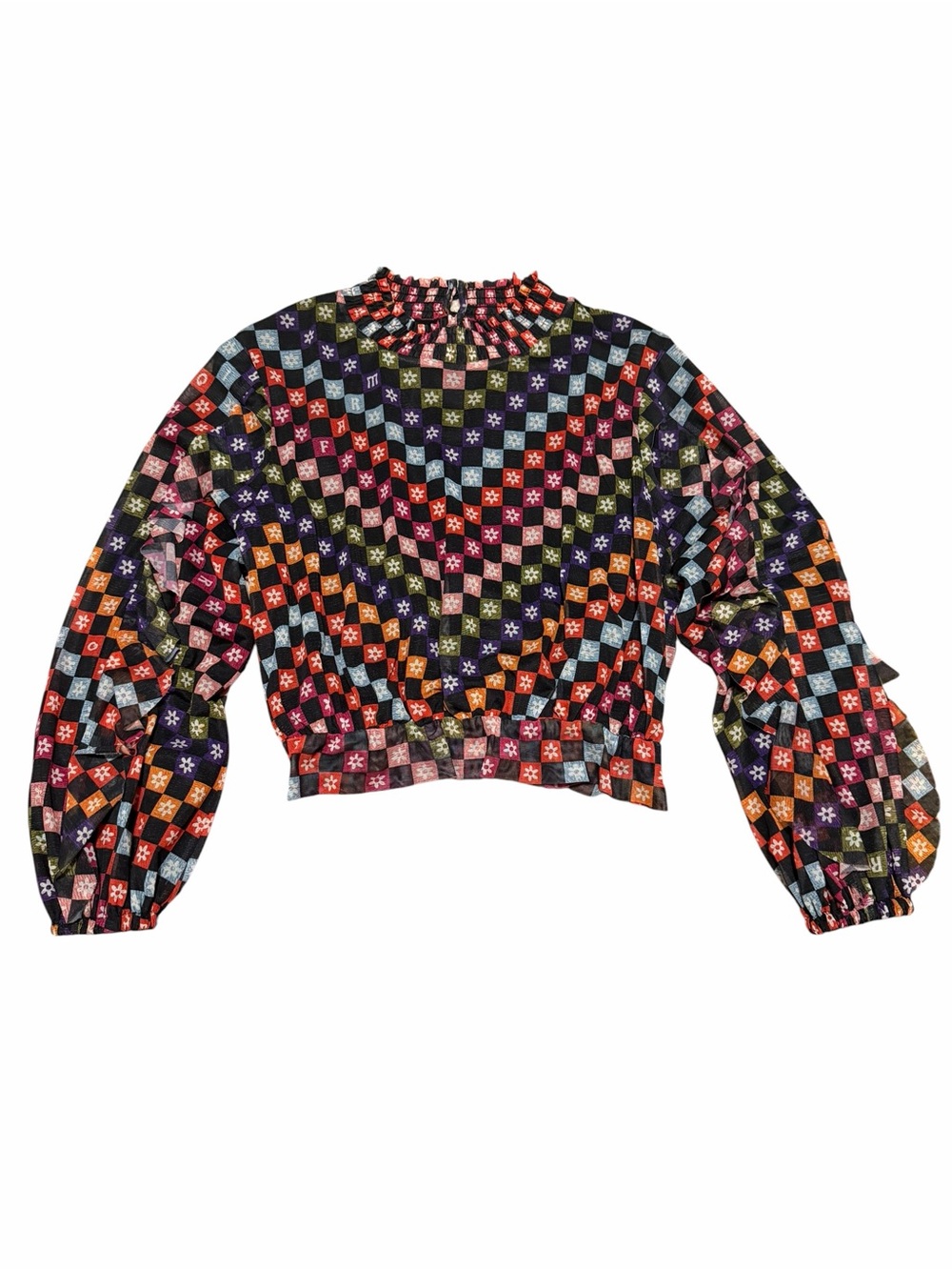 FARM Rio Multicolor Checkered Floral Ruffle Long Sleeve Mock Neck Blouse